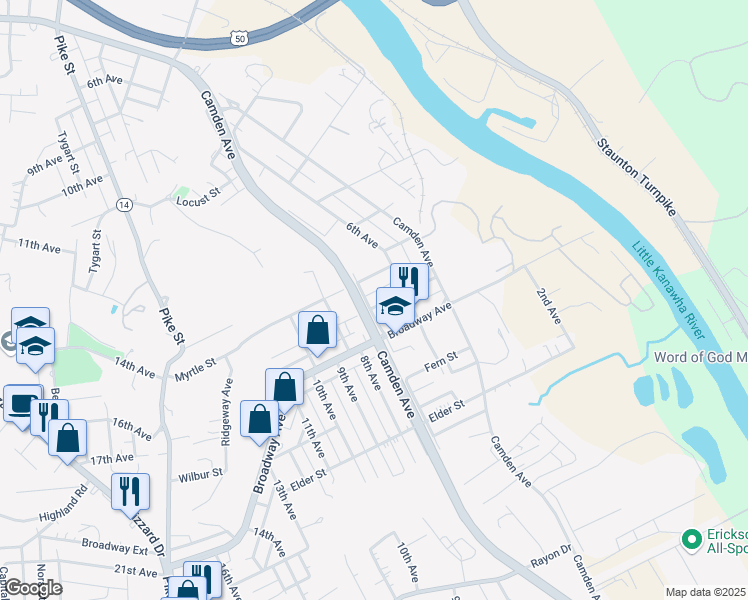 map of restaurants, bars, coffee shops, grocery stores, and more near 616 Olive Street in Parkersburg