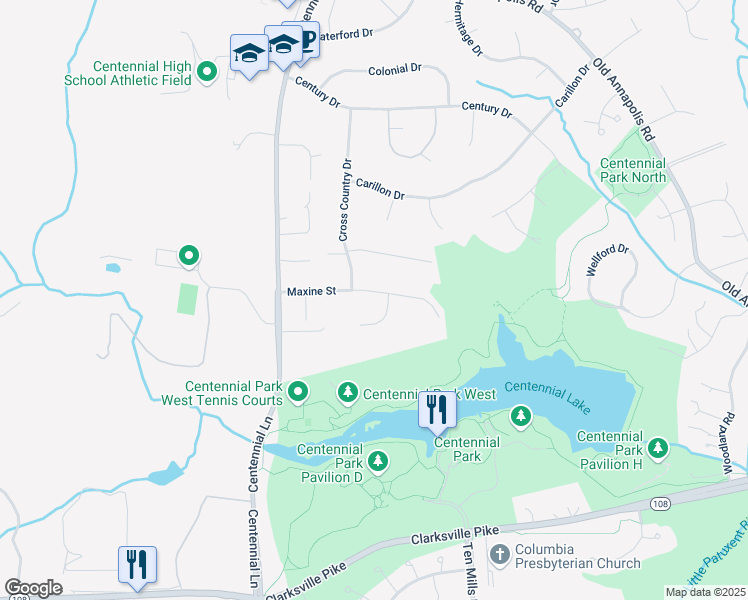 map of restaurants, bars, coffee shops, grocery stores, and more near 10181 Maxine Street in Ellicott City