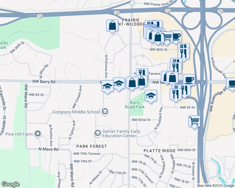 map of restaurants, bars, coffee shops, grocery stores, and more near 7701 Northwest Barry Road in Kansas City
