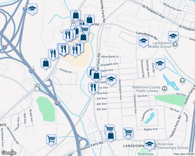 map of restaurants, bars, coffee shops, grocery stores, and more near 5 Lavern Avenue in Halethorpe