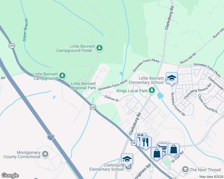 map of restaurants, bars, coffee shops, grocery stores, and more near 14 Dutrow Court in Clarksburg