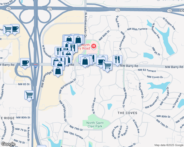 map of restaurants, bars, coffee shops, grocery stores, and more near 5903 Northwest Barry Road in Kansas City