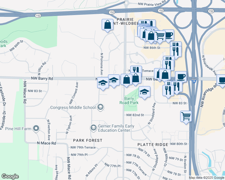map of restaurants, bars, coffee shops, grocery stores, and more near 7703 Northwest Barry Road in Kansas City
