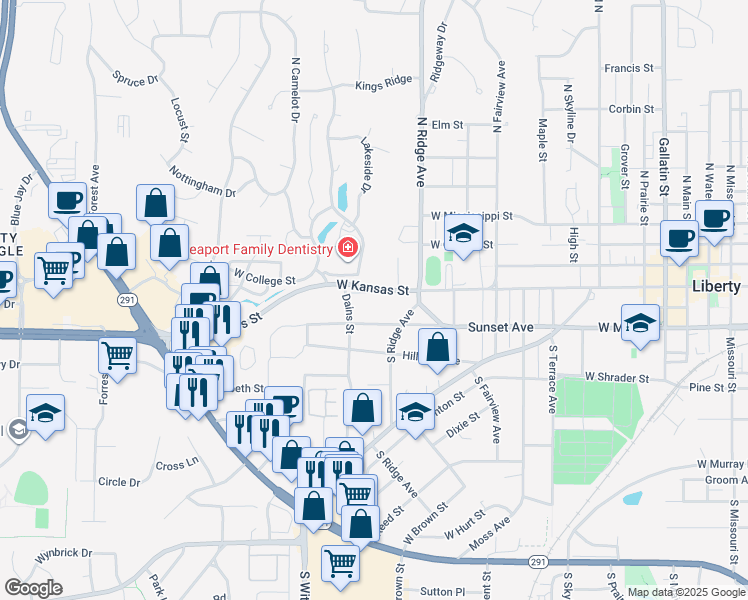 map of restaurants, bars, coffee shops, grocery stores, and more near 841 West Kansas Street in Liberty