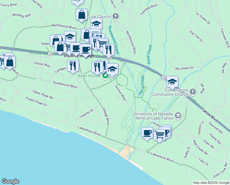 map of restaurants, bars, coffee shops, grocery stores, and more near 931 Incline Way in Incline Village
