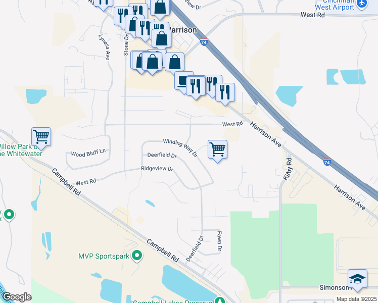 map of restaurants, bars, coffee shops, grocery stores, and more near 10551 Winding Way Drive in Harrison