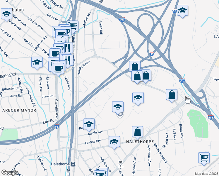 map of restaurants, bars, coffee shops, grocery stores, and more near 1405 Woodside Avenue in Halethorpe
