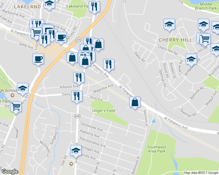 map of restaurants, bars, coffee shops, grocery stores, and more near 3211 Magnolia Avenue in Halethorpe