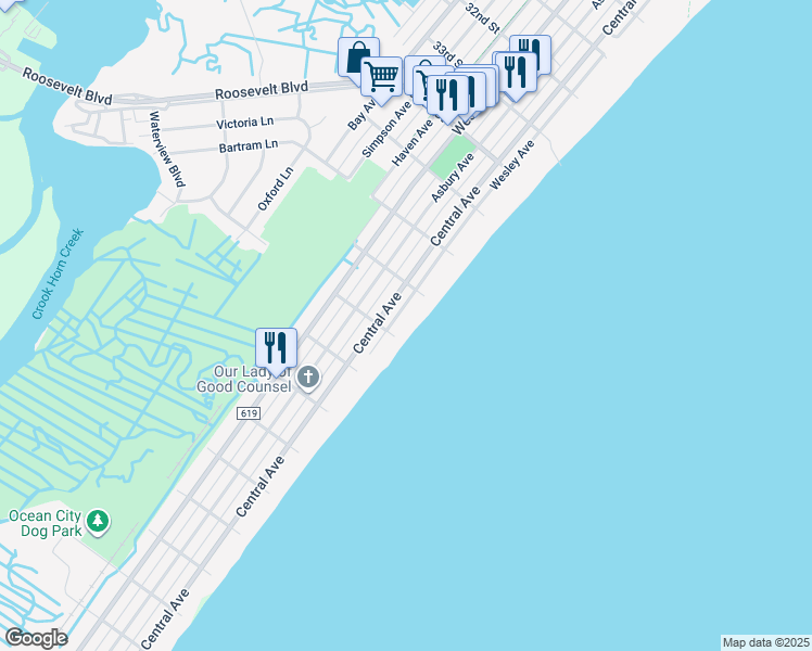 map of restaurants, bars, coffee shops, grocery stores, and more near 3737 Central Avenue in Ocean City
