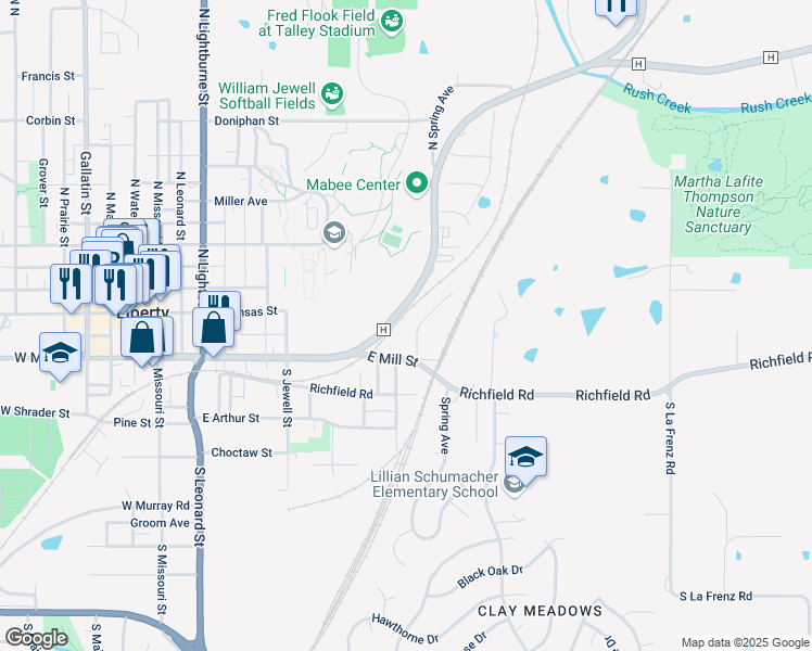map of restaurants, bars, coffee shops, grocery stores, and more near 38 Cherry Street in Liberty