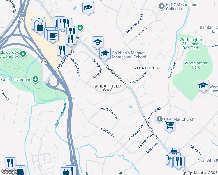 map of restaurants, bars, coffee shops, grocery stores, and more near 8510 Hedge Row Court in Ellicott City