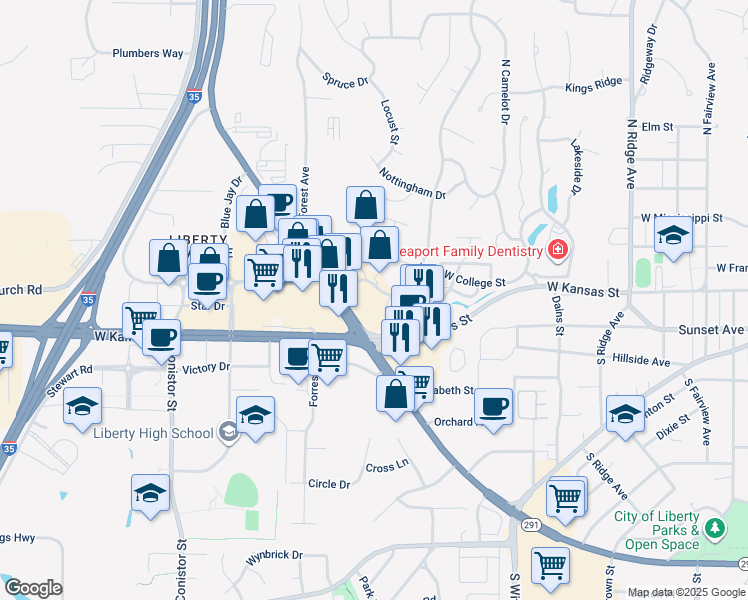 map of restaurants, bars, coffee shops, grocery stores, and more near 1201 Landmark Avenue in Liberty