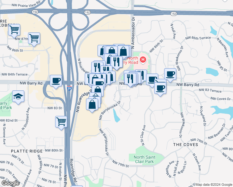 map of restaurants, bars, coffee shops, grocery stores, and more near 8336 Northwest Barrybrooke Drive in Kansas City