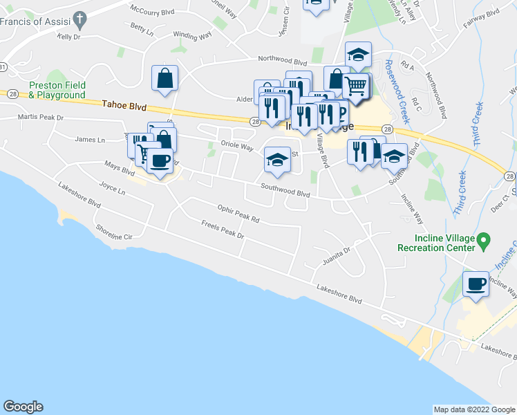 map of restaurants, bars, coffee shops, grocery stores, and more near 32 Creekside Drive in Incline Village
