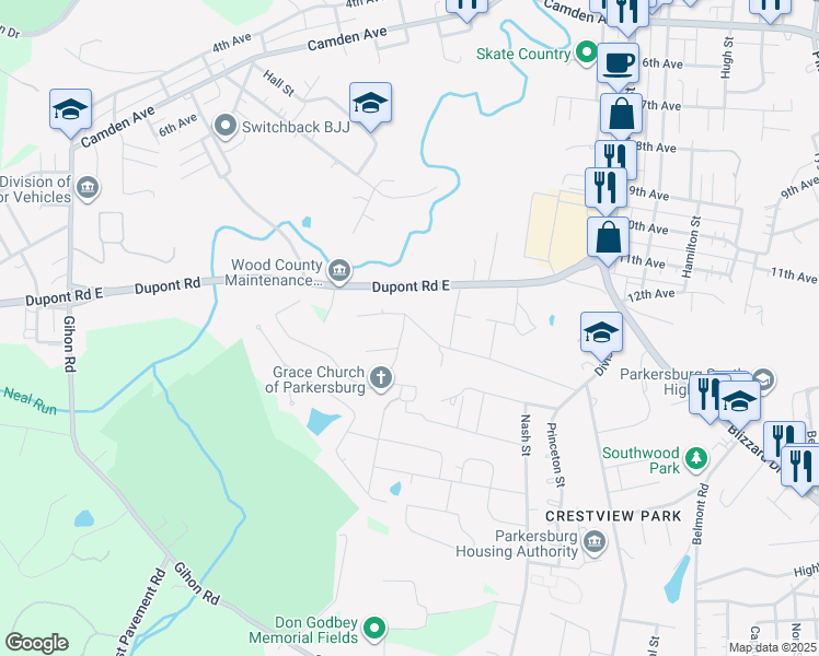 map of restaurants, bars, coffee shops, grocery stores, and more near 1511 15th Ave in Parkersburg