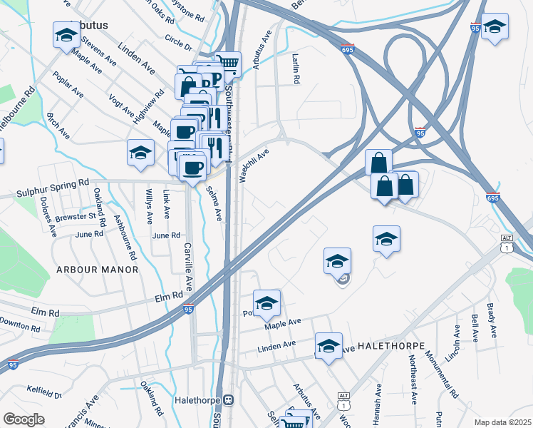 map of restaurants, bars, coffee shops, grocery stores, and more near 29 Colony Hill Court in Arbutus