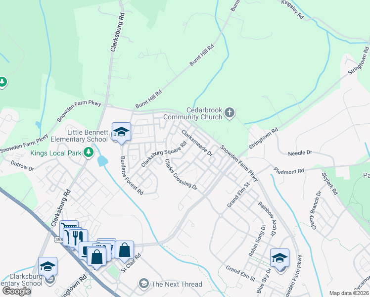 map of restaurants, bars, coffee shops, grocery stores, and more near 12824 Clarksburg Square Road in Clarksburg