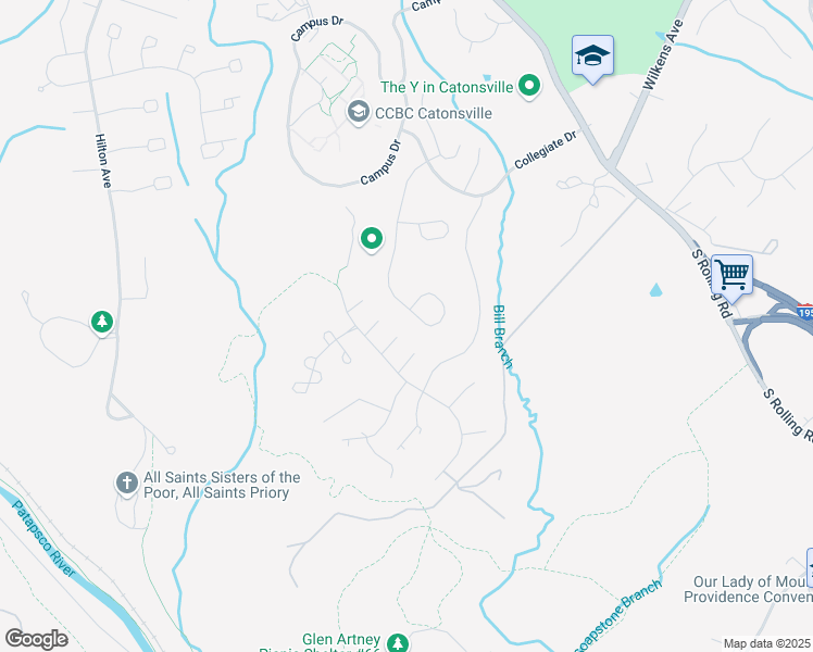 map of restaurants, bars, coffee shops, grocery stores, and more near 5960 Ivy League Drive in Catonsville