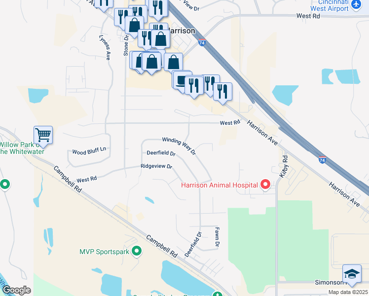 map of restaurants, bars, coffee shops, grocery stores, and more near 10552 Winding Way Drive in Harrison