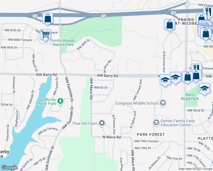 map of restaurants, bars, coffee shops, grocery stores, and more near 8605 Northwest 83 Terrace in Kansas City