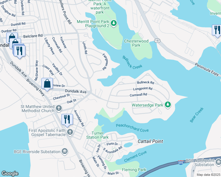 map of restaurants, bars, coffee shops, grocery stores, and more near 8114 Bullneck Road in Dundalk