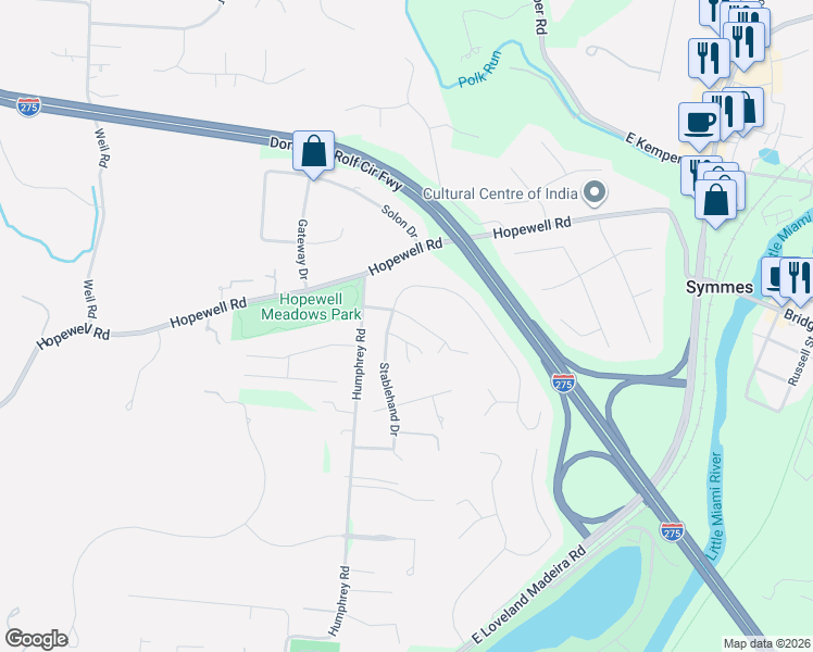 map of restaurants, bars, coffee shops, grocery stores, and more near 10360 Stablehand Drive in Cincinnati