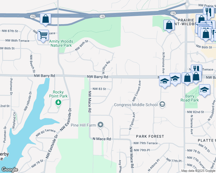 map of restaurants, bars, coffee shops, grocery stores, and more near 8605 Northwest 83 Terrace in Kansas City