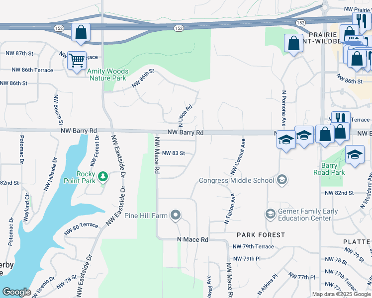 map of restaurants, bars, coffee shops, grocery stores, and more near 8605 Northwest 83 Terrace in Kansas City