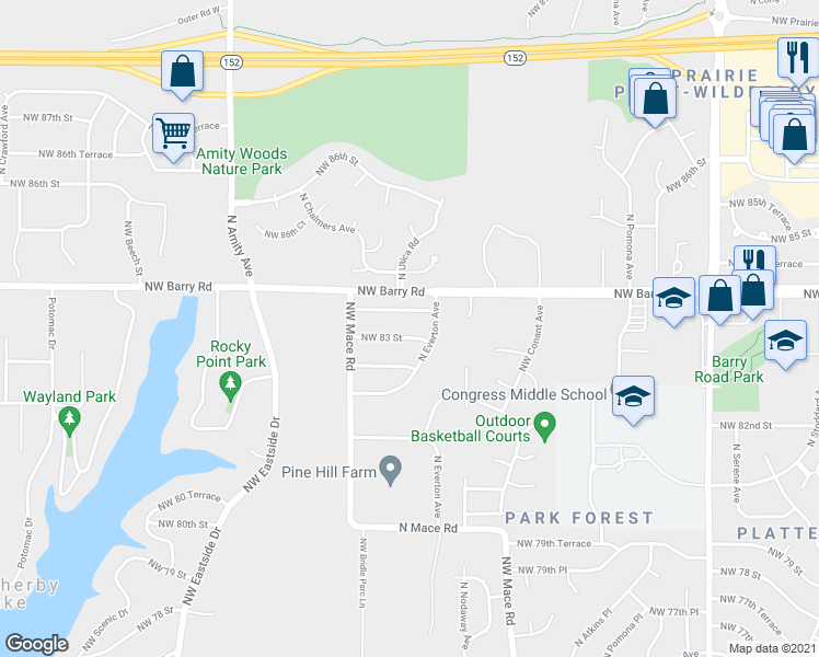 map of restaurants, bars, coffee shops, grocery stores, and more near 8605 Northwest 83 Terrace in Kansas City