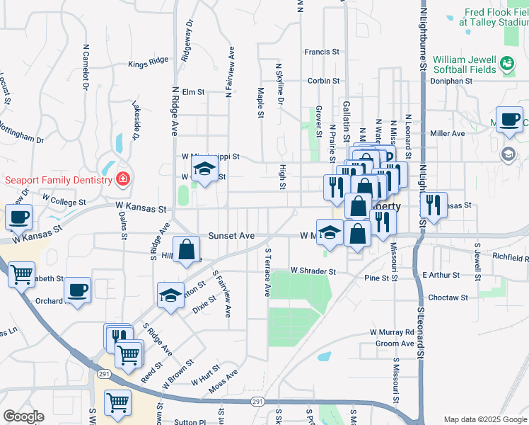 map of restaurants, bars, coffee shops, grocery stores, and more near 401 West Kansas Street in Liberty