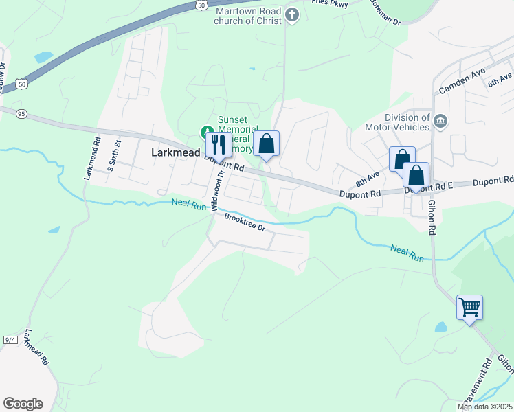 map of restaurants, bars, coffee shops, grocery stores, and more near 77 Meadowbrook Acres in Parkersburg