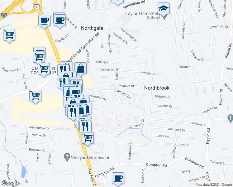 map of restaurants, bars, coffee shops, grocery stores, and more near 3368 Hidden Creek Drive in Cincinnati