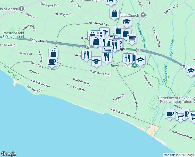 map of restaurants, bars, coffee shops, grocery stores, and more near 875 Southwood Boulevard in Incline Village