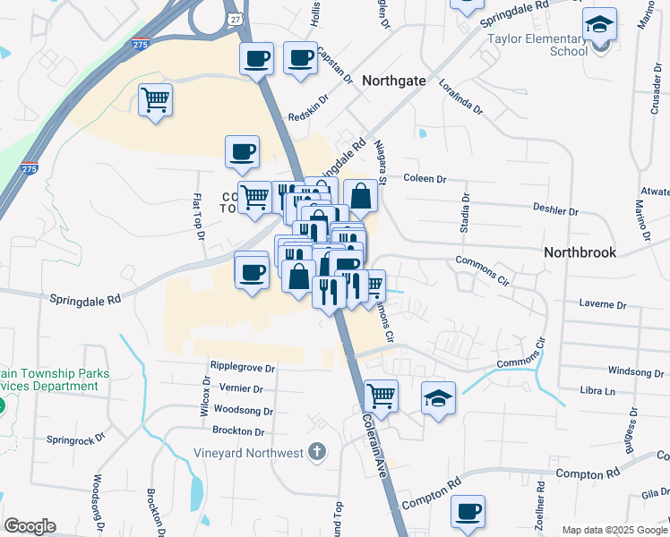 map of restaurants, bars, coffee shops, grocery stores, and more near 9600 U.S. 27 in Cincinnati