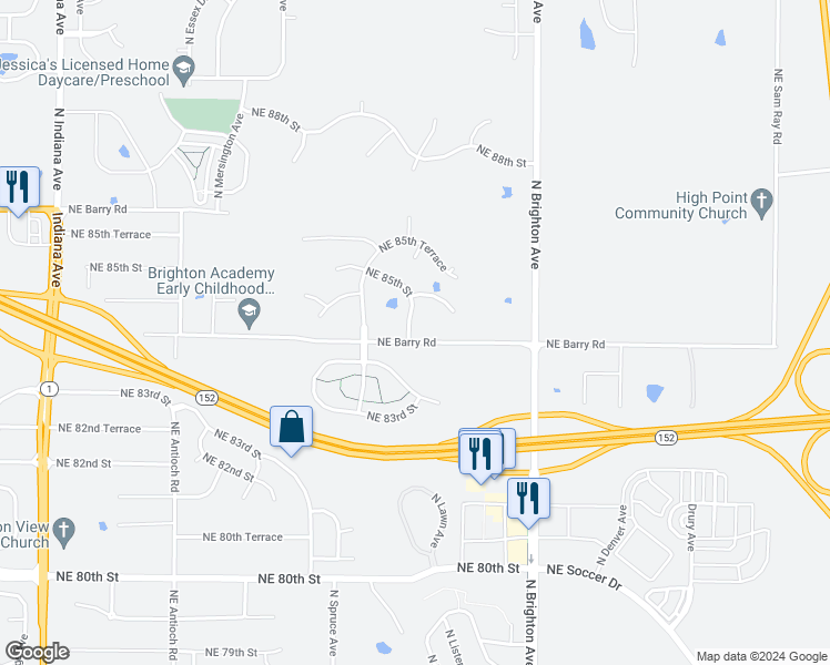 map of restaurants, bars, coffee shops, grocery stores, and more near 8401 North Elmwood Avenue in Kansas City