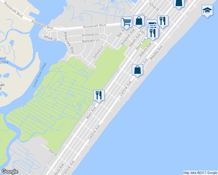 map of restaurants, bars, coffee shops, grocery stores, and more near 3842 West Avenue in Ocean City