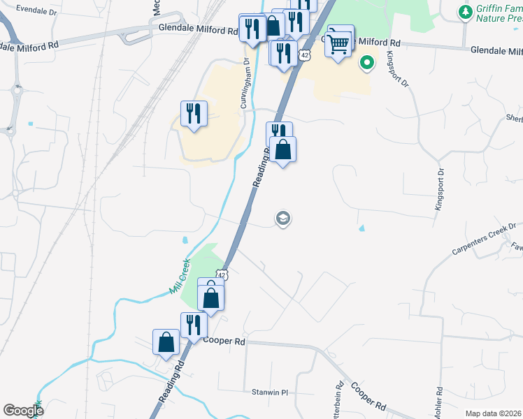 map of restaurants, bars, coffee shops, grocery stores, and more near 10078 Reading Road in Cincinnati