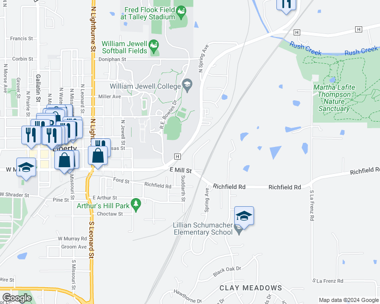 map of restaurants, bars, coffee shops, grocery stores, and more near 36 Cherry Street in Liberty