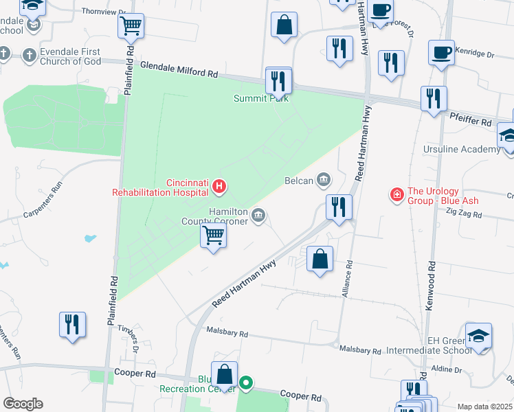 map of restaurants, bars, coffee shops, grocery stores, and more near 4401 Carver Woods Drive in Blue Ash