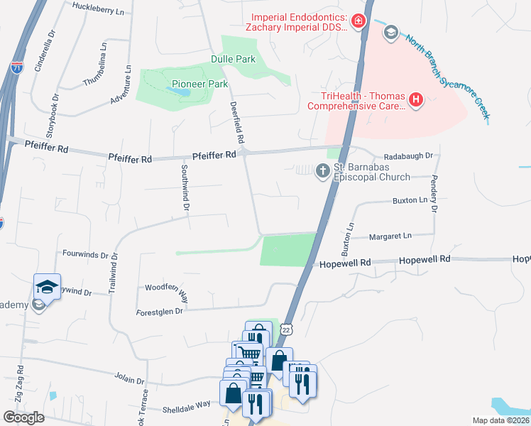 map of restaurants, bars, coffee shops, grocery stores, and more near 10344 Deerfield Road in Cincinnati