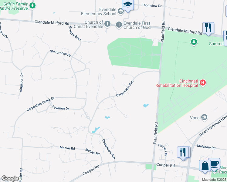 map of restaurants, bars, coffee shops, grocery stores, and more near 3 Hickory Hollow in Cincinnati