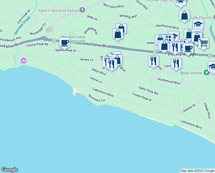 map of restaurants, bars, coffee shops, grocery stores, and more near 773 Joyce Lane in Incline Village