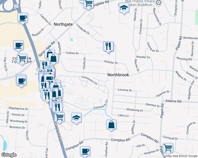 map of restaurants, bars, coffee shops, grocery stores, and more near 9640 Crosley Farm Drive in Cincinnati