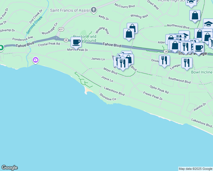 map of restaurants, bars, coffee shops, grocery stores, and more near 756 Lakeshore Boulevard in Incline Village