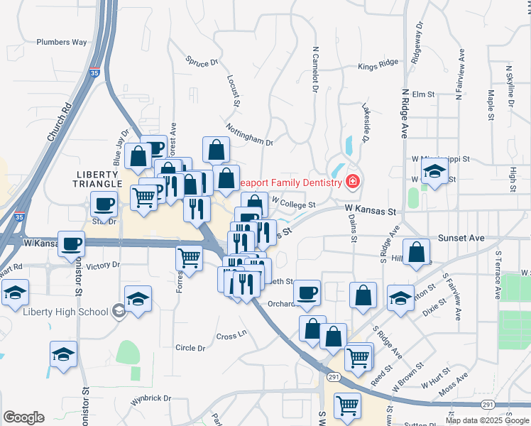 map of restaurants, bars, coffee shops, grocery stores, and more near 5 Westowne Drive in Liberty