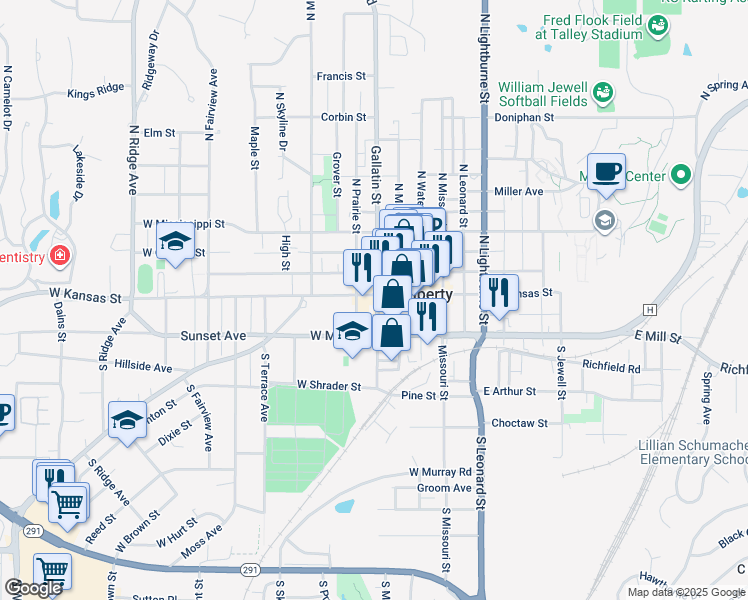 map of restaurants, bars, coffee shops, grocery stores, and more near 119 West Kansas Street in Liberty