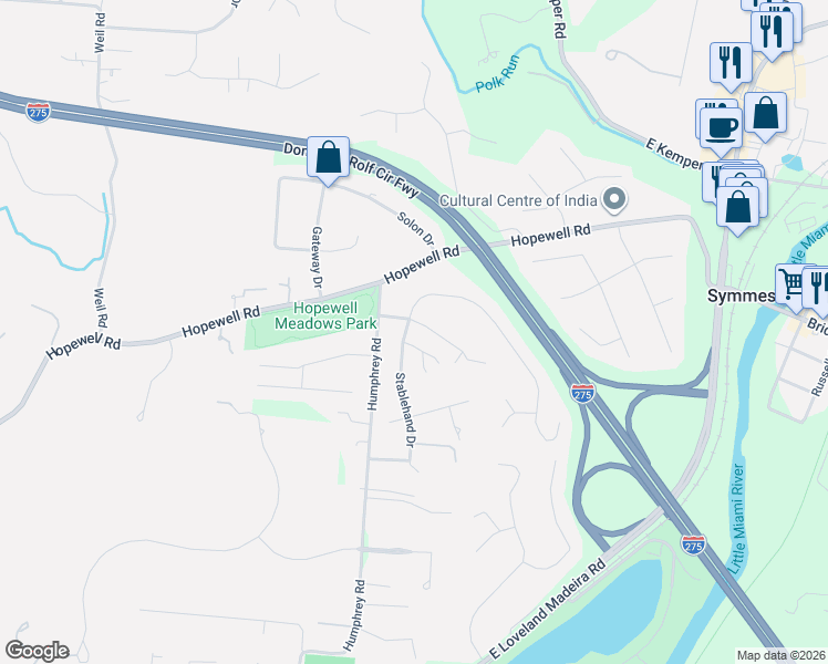 map of restaurants, bars, coffee shops, grocery stores, and more near 10360 Stablehand Drive in Cincinnati