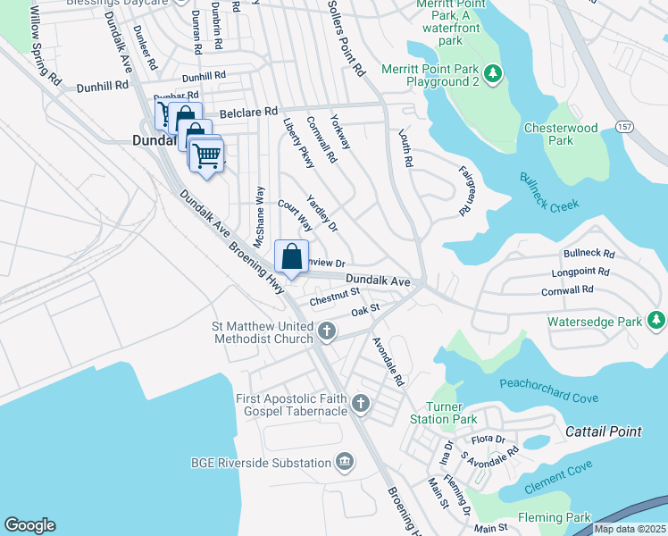 map of restaurants, bars, coffee shops, grocery stores, and more near 3502 Loganview Drive in Dundalk