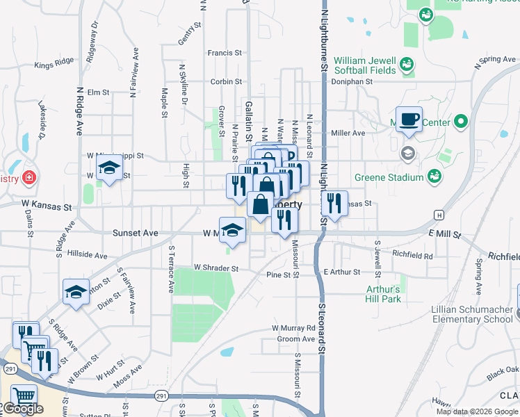 map of restaurants, bars, coffee shops, grocery stores, and more near 2 South Main Street in Liberty