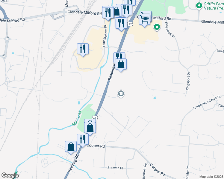 map of restaurants, bars, coffee shops, grocery stores, and more near 10078 Reading Road in Cincinnati